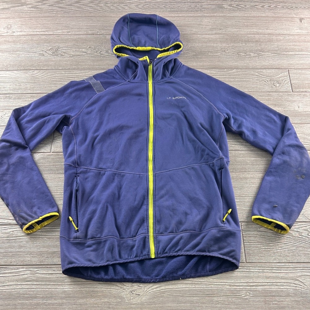 La Sportiva Iridium Hoody Mens XL Blue Lime Yellow Full Zip Fleece Jacket Hooded